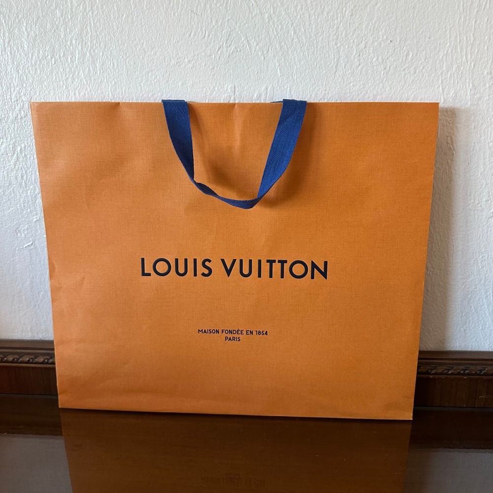 Louis Vuitton Large Orange Paper Shopping Bag Blue Handles 15x13x6 Authentic
